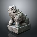 Ancient Stone Lion Statue Kneeling On Square Pedestal With Carved Details