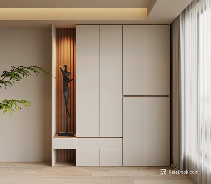 Modern Minimalist White Shoe Cabinet With Wooden Accent And Sculpture Plant Decor 3d model 