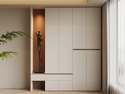 Modern Minimalist White Shoe Cabinet With Wooden Accent And Sculpture Plant Decor 3d model