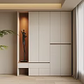Modern Minimalist White Shoe Cabinet With Wooden Accent And Sculpture Plant Decor
