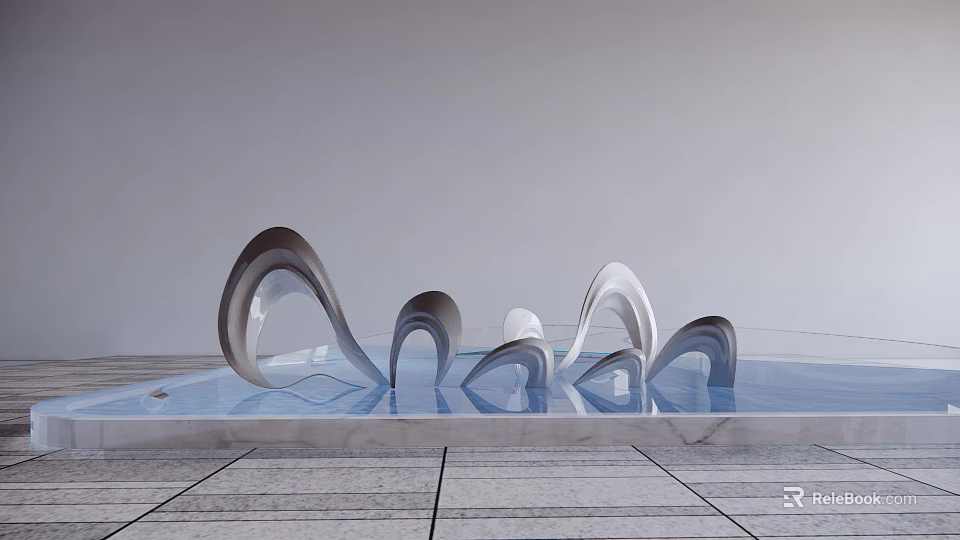 Modern Landscape Sculpture Silver White Curved Arcs In Pool On Marble Floor With Water Reflection 3d model 
