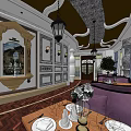 Elegant Restaurant Interior With Ornate Wall Decor Purple Sofas Patterned Floor Tiles And Chandeliers 3d model