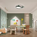 Colorful Children's Activity Room With Cartoon Wall Art Small Tables Chairs And Hanging Toys