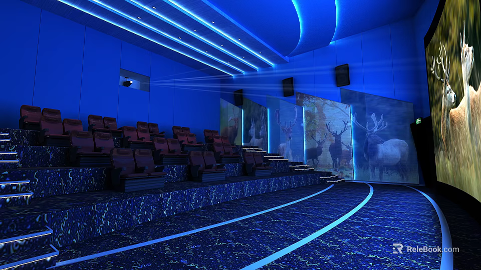 Modern Cinema Hall With Blue Lighting Curved Ceiling Comfortable Seats Projector And Deer Paintings 3d model 