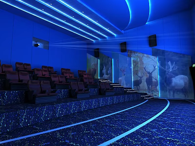 Modern Cinema Hall With Blue Lighting Curved Ceiling Comfortable Seats Projector And Deer Paintings 3d model