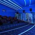Modern Cinema Hall With Blue Lighting Curved Ceiling Comfortable Seats Projector And Deer Paintings