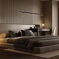 Modern Dark Bedroom Interior Design With Striped Wall Bed Desk And Mountain View Window