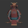 Traditional Japanese Samurai Weapon with Red Armor and Decorative Helmet Design
