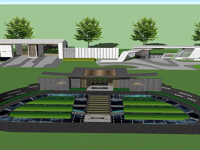 Modern Entrance Gate With Symmetrical Steps Greenery And Water Features 3d model