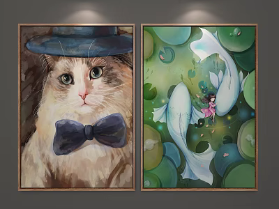 Animal Paintings Featuring Cat With Blue Hat Bowtie And White Fish In Green Lotus Leaves 3d model