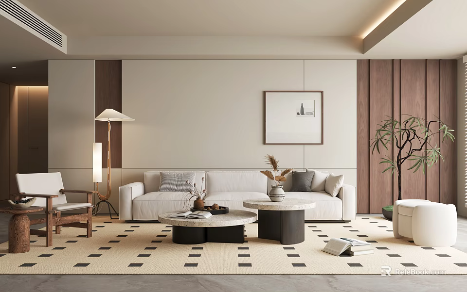 Modern Minimalist Living Room Interior With Beige Sofa Round Coffee Tables And Geometric Rug 3d model 