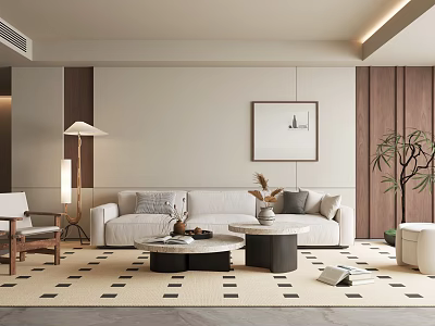 Modern Minimalist Living Room Interior With Beige Sofa Round Coffee Tables And Geometric Rug 3d model
