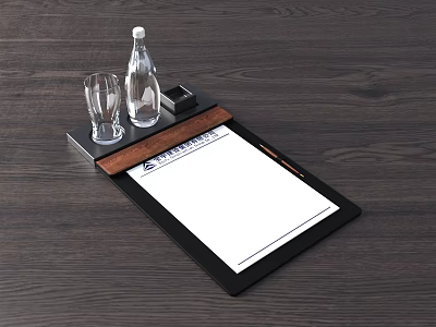 Workspace Essentials Display With Clipboard Blank Paper Glass Water Bottle Pencil On Dark Wooden Table 3d model