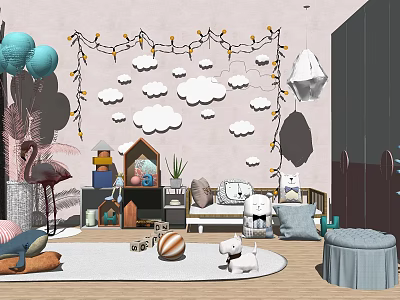 Cozy Children's Table Space with Pink Wall Cloud Decorations String Lights and Stuffed Toys 3d model