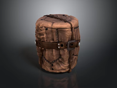 Brown Cylindrical Household Storage Item With Stitched Design And Leather Strap Buckle 3d model