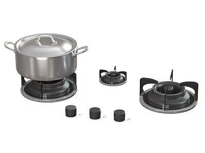 Stainless Steel Cookware Including Pot With Lid Gas Stove Burners And Black Knobs 3d model