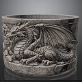 Detailed Dragon Sculpture Carving On Stone Container With Wings And Decorative Patterns