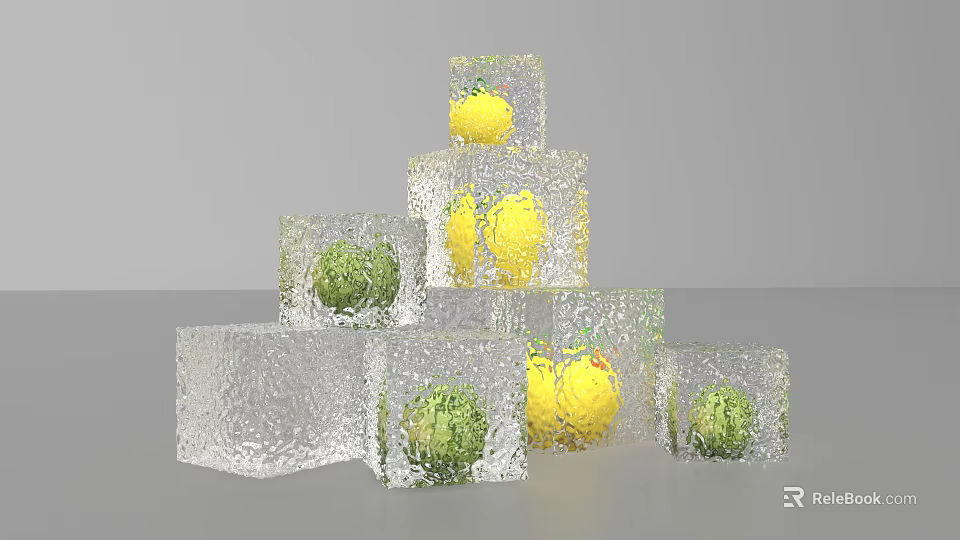 Transparent Ice Block Photo Spot With Lemons Limes And Stacked Pyramid Shape 3d model 