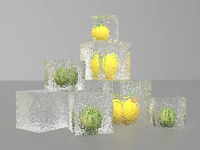 Transparent Ice Block Photo Spot With Lemons Limes And Stacked Pyramid Shape 3d model