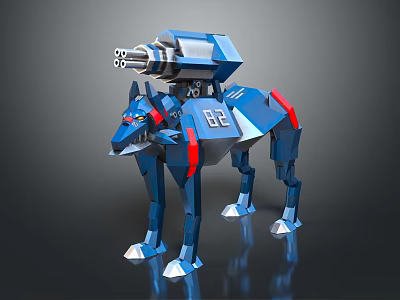 Futuristic Blue Mechanical Wolf Robot With Back Cannon And Red Accents 3d model
