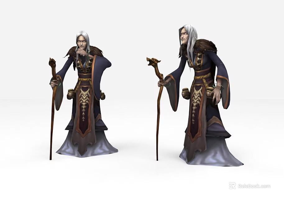 Game and Movie Characters with White Hair Long Robes and Staffs in Ornate Standing Poses 3d model 