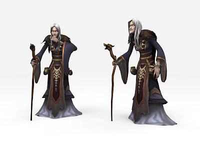 Game and Movie Characters with White Hair Long Robes and Staffs in Ornate Standing Poses 3d model