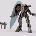 3D Model of Mech Robot With Shield and Small Aircraft in Scene