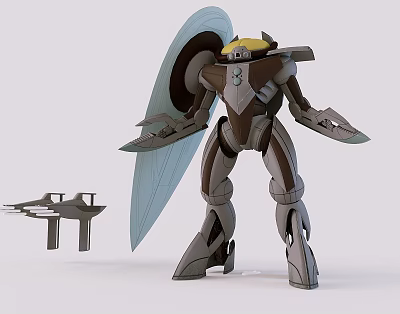 3D Model of Mech Robot With Shield and Small Aircraft in Scene 3d model