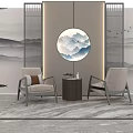 Modern Chinese Leisure Sofa Set with Armchairs Small Table and Circular Landscape Art 3d model