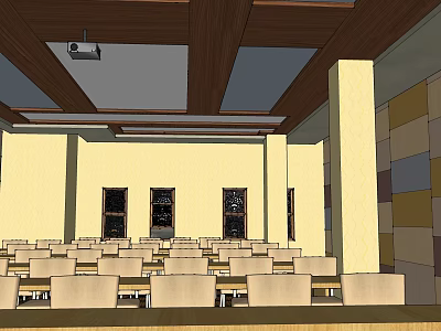 Spacious Modern Conference Room Interior With Wooden Ceiling Rows of Chairs And Windows 3d model