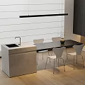 Modern Minimalist Dining Table Set with White Chairs Sink Counter Hanging Light and Window Blinds