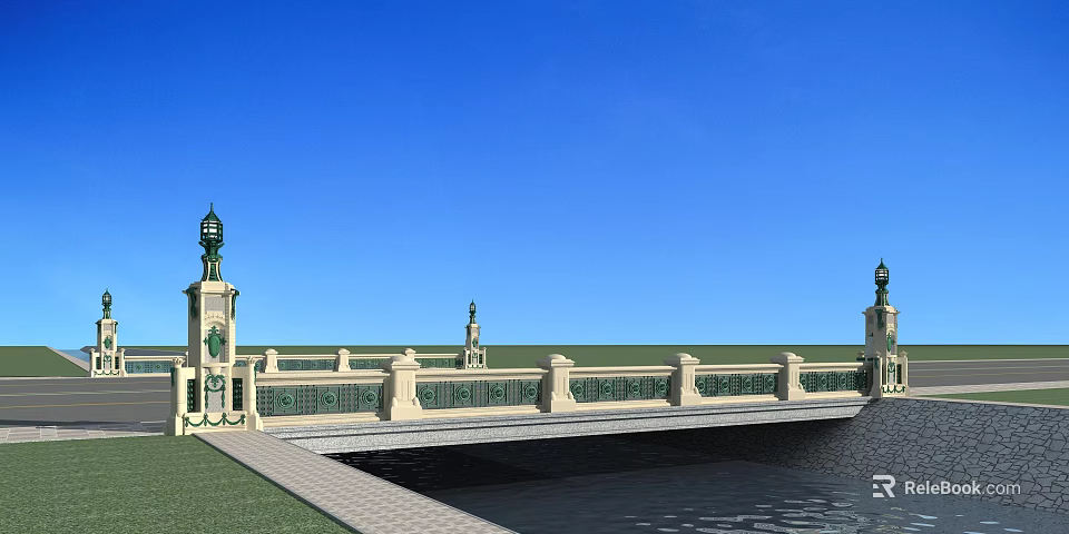 Scenic Decorative Bridge With Lamp Posts Over Water Under Blue Sky 3d model 