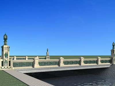 Scenic Decorative Bridge With Lamp Posts Over Water Under Blue Sky 3d model