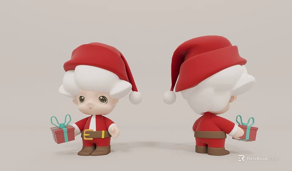 Adorable Santa Themed Doll In Red Outfit With Gift Box Front Back Views 3d model 
