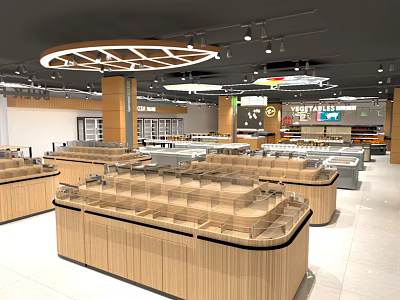 Modern Supermarket Retail Space With Wooden Display Counters And Bright Lighting 3d model