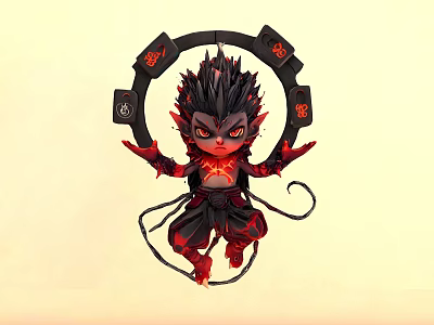 Fierce Game Anime Character With Spiky Black Hair Red Outfit And Circular Ornament Design 3d model