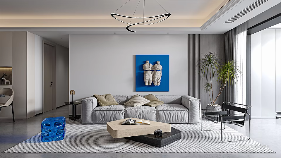 Modern Living Dining Room Interior With Gray Sofa Blue Painting And Curved Pendant Light 3d model 