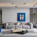 Modern Living Dining Room Interior With Gray Sofa Blue Painting And Curved Pendant Light