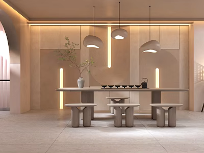 Minimalist Tea Room Interior Design With Pendant Lights Long Table And Wooden Stools 3d model