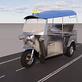 Electric Tricycle with Blue Canopy Yellow Warning Light Open Seats on Road