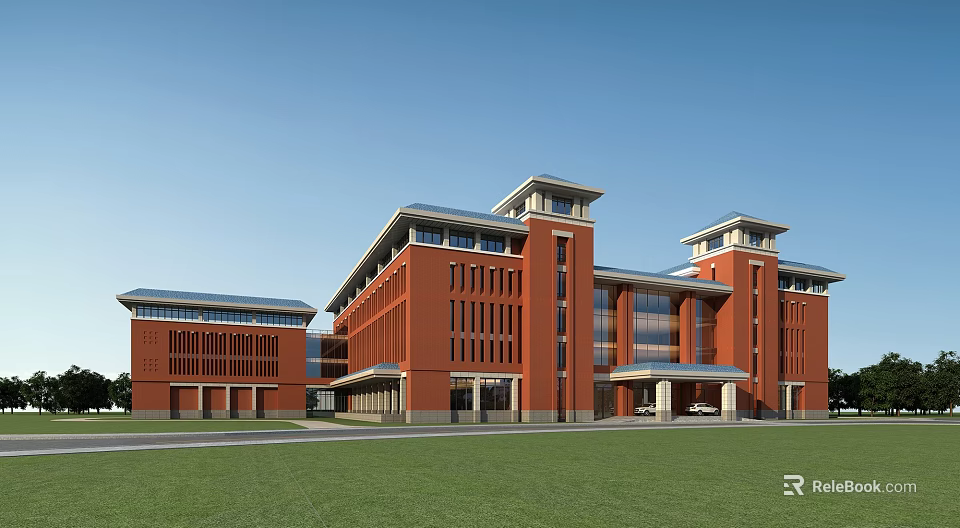 Modern Red Brick School Building With Towers Large Windows And Green Lawn 3d model 