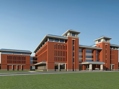 Modern Red Brick School Building With Towers Large Windows And Green Lawn 3d model