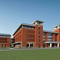 Modern Red Brick School Building With Towers Large Windows And Green Lawn