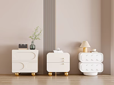Modern White Bedside Tables Design With Gold Legs Vase Plant And Lamp 3d model
