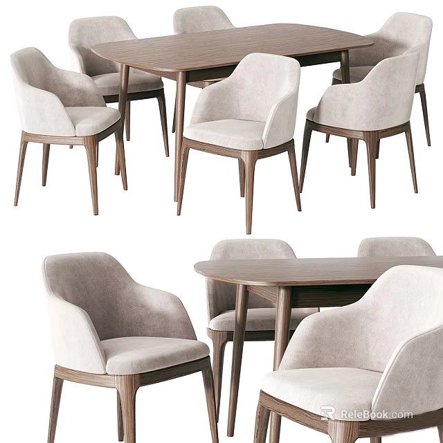 Modern Wooden Dining Table Set With Light Beige Chairs And Comfortable Design 3d model 