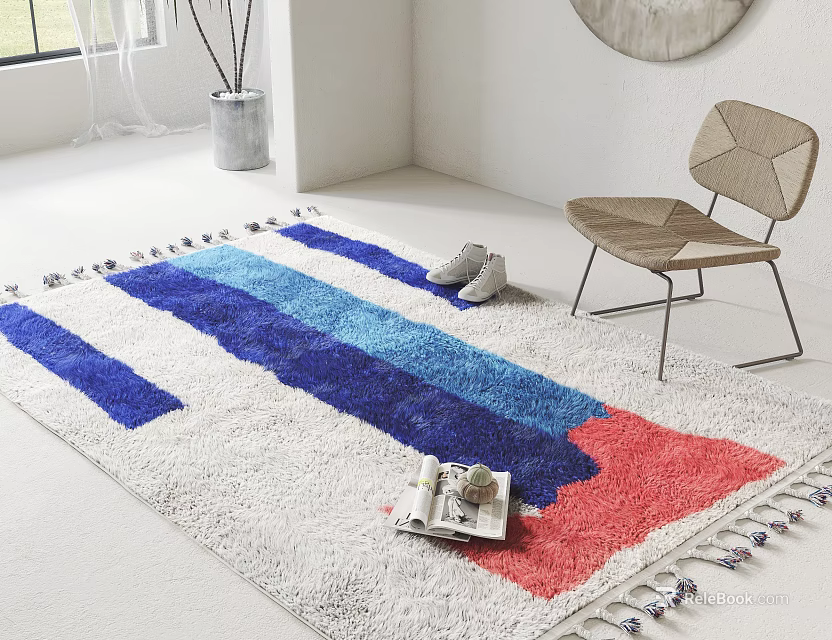 Square Carpet With White Base Blue Red Stripes And Tassel Edges Near Slippers Wooden Chair In Bright Room 3d model 
