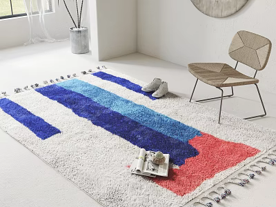 Square Carpet With White Base Blue Red Stripes And Tassel Edges Near Slippers Wooden Chair In Bright Room 3d model