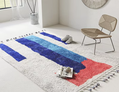 Square Carpet With White Base Blue Red Stripes And Tassel Edges Near Slippers Wooden Chair In Bright Room 3d model