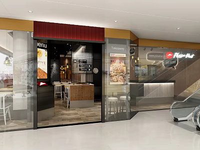 Modern Mall Shop Interior With Glass Storefront Wooden Counter And Seating Area 3d model