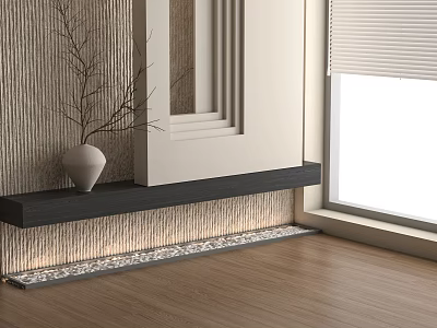 Room Divider With Textured Wall Black Shelf White Vase Branches LED Strip And Wooden Floor 3d model